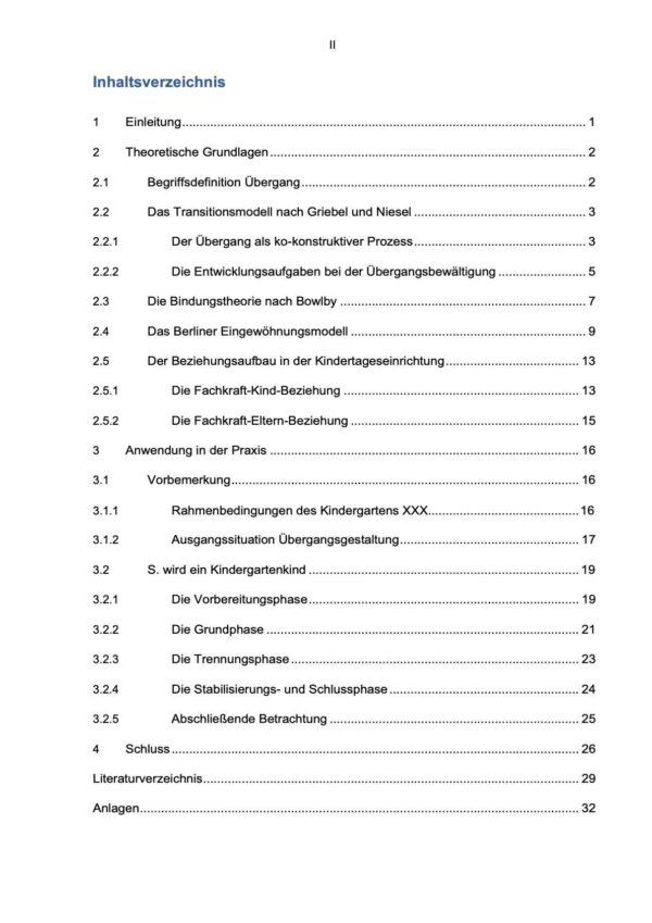 Facharbeit Übergang Eingewöhnung Inhaltsverzeichnis